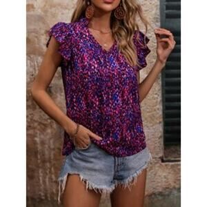 SHEIN Women's Size 1X Pink Red Blue Floral Allover Print Butterfly Sleeve Blouse